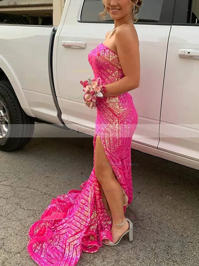 Sheath/Column Strapless Sequined Sweep Train Prom Dresses With Split Front #Favs020115419
