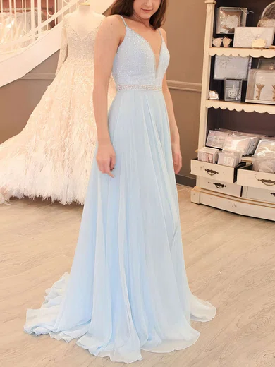 A-line V-neck Chiffon Sweep Train Beading Prom Dresses #Favs020105938