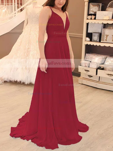 A-line V-neck Chiffon Sweep Train Beading Prom Dresses #Favs020105938