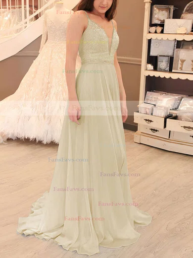 A-line V-neck Chiffon Sweep Train Beading Prom Dresses #Favs020105938