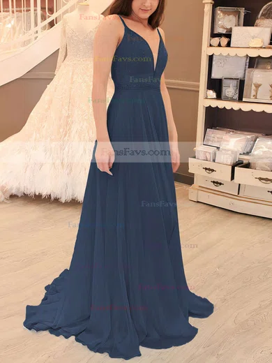 A-line V-neck Chiffon Sweep Train Beading Prom Dresses #Favs020105938