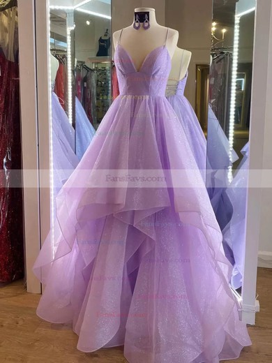 Princess V-neck Glitter Sweep Train Prom Dresses With Cascading Ruffles #Favs020115437