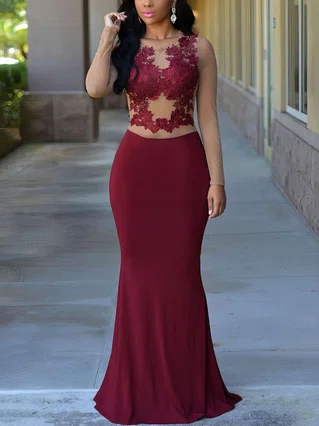 Trumpet/Mermaid Scoop Neck Jersey Floor-length Appliques Lace Prom Dresses #Favs020105949
