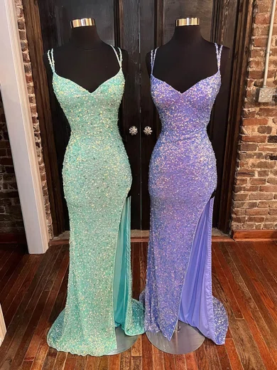 Trumpet/Mermaid V-neck Sequined Sweep Train Prom Dresses With Split Front #Favs020115444