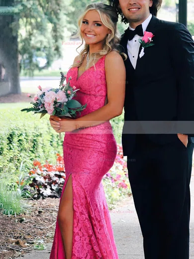 Sheath/Column V-neck Lace Sweep Train Prom Dresses #Favs020115457