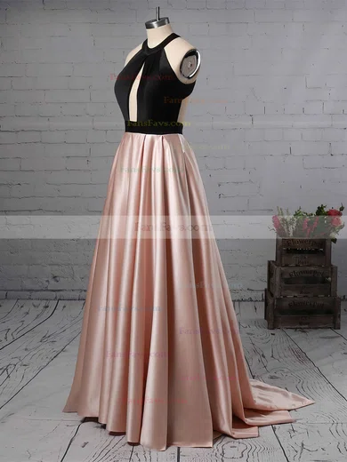 A-line Halter Satin Sweep Train Prom Dresses #Favs020105926
