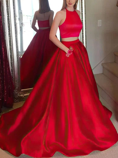 A-line Halter Satin Sweep Train Pockets Prom Dresses #Favs020105945