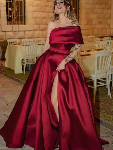 Ball Gown One Shoulder Satin Sweep Train Prom Dresses With Pockets #Favs020115502