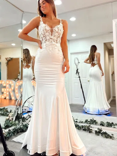 Trumpet/Mermaid V-neck Jersey Sweep Train Prom Dresses With Flower(s) #Favs020115513