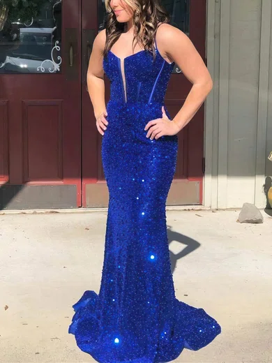 Trumpet/Mermaid V-neck Sequined Sweep Train Prom Dresses #Favs020115520