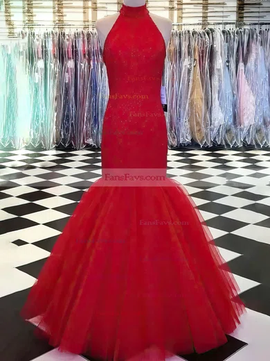 Trumpet/Mermaid High Neck Tulle Sweep Train Prom Dresses With Beading #Favs020115532