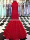 Trumpet/Mermaid High Neck Tulle Sweep Train Prom Dresses With Beading #Favs020115532