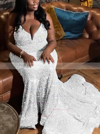Trumpet/Mermaid V-neck Sequined Sweep Train Prom Dresses #Favs020115533