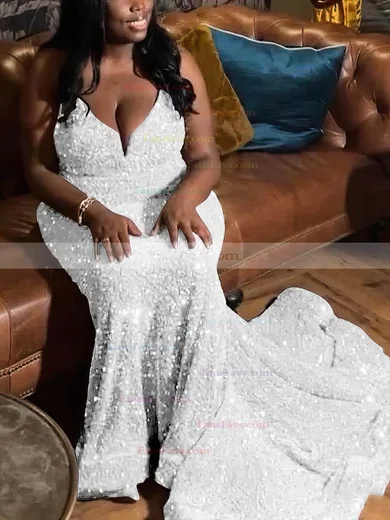 Trumpet/Mermaid V-neck Sequined Sweep Train Prom Dresses #Favs020115533