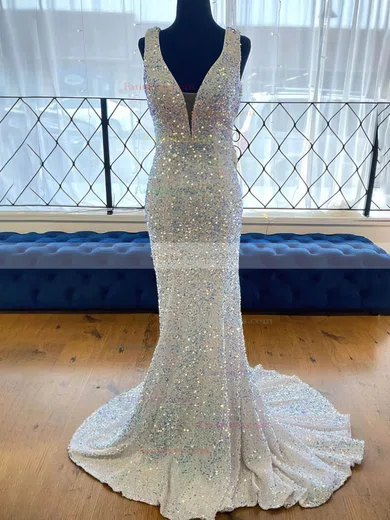 Trumpet/Mermaid V-neck Sequined Sweep Train Prom Dresses #Favs020115533
