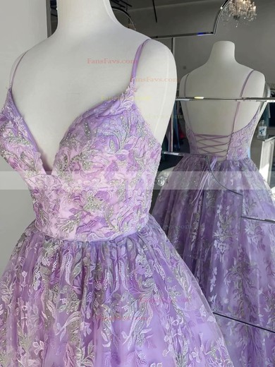 Ball Gown V-neck Tulle Floor-length Prom Dresses With Appliques Lace #Favs020115540