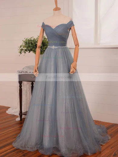 Ball Gown Off-the-shoulder Tulle Sweep Train Beading Prom Dresses #Favs020102612