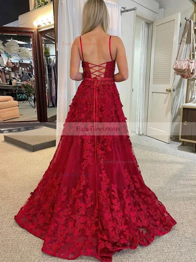 A-line Scoop Neck Tulle Sweep Train Prom Dresses With Pockets #Favs020115571