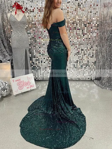 Sheath/Column Off-the-shoulder Sequined Sweep Train Prom Dresses With Split Front #Favs020115574