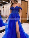 A-line Off-the-shoulder Tulle Glitter Sweep Train Prom Dresses With Split Front #Favs020115577