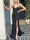Sheath/Column V-neck Sequined Sweep Train Prom Dresses With Split Front #Favs020115593