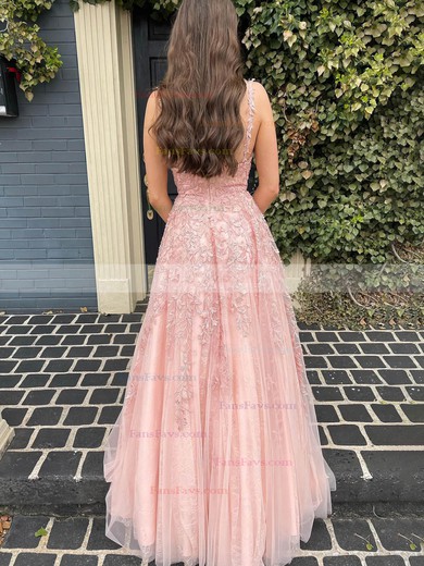 A-line V-neck Lace Tulle Sweep Train Prom Dresses With Appliques Lace #Favs020115600