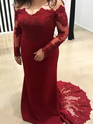 Sheath/Column Off-the-shoulder Silk-like Satin Sweep Train Appliques Lace Prom Dresses #Favs020105937 Sheath/Column Off-the-shoulder Silk-like Satin Sweep Train Appliques Lace Prom Dresses #Favs020105937