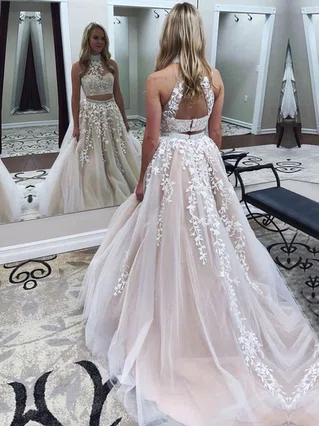 A-line High Neck Tulle Sweep Train Beading Prom Dresses #Favs020105939 A-line High Neck Tulle Sweep Train Beading Prom Dresses #Favs020105939