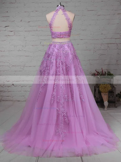 A-line High Neck Tulle Sweep Train Beading Prom Dresses #Favs020105939