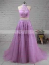 A-line High Neck Tulle Sweep Train Beading Prom Dresses #Favs020105939