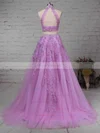 A-line High Neck Tulle Sweep Train Beading Prom Dresses #Favs020105939