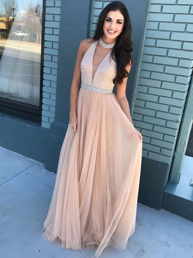 A-line V-neck Tulle Floor-length Beading Prom Dresses #Favs020105942