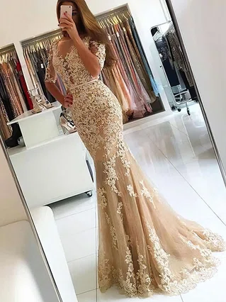 Trumpet/Mermaid Scoop Neck Tulle Sweep Train Appliques Lace Prom Dresses #Favs020102800