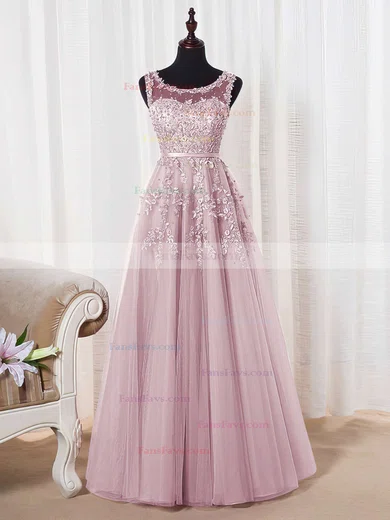 Princess Scoop Neck Tulle Floor-length Appliques Lace Prom Dresses #Favs020102804