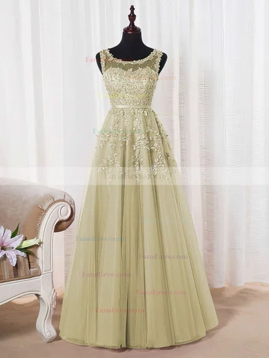 Princess Scoop Neck Tulle Floor-length Appliques Lace Prom Dresses #Favs020102804