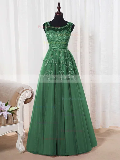 Princess Scoop Neck Tulle Floor-length Appliques Lace Prom Dresses #Favs020102804