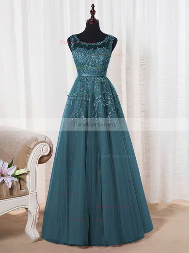 Princess Scoop Neck Tulle Floor-length Appliques Lace Prom Dresses #Favs020102804