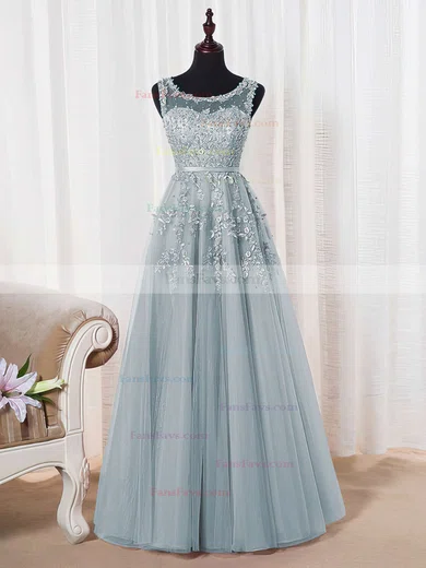 Princess Scoop Neck Tulle Floor-length Appliques Lace Prom Dresses #Favs020102804