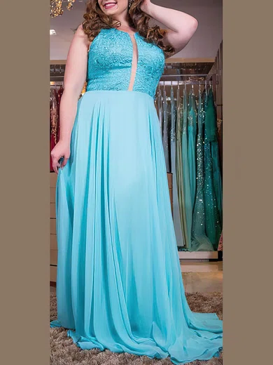 A-line Scoop Neck Chiffon Sweep Train Appliques Lace prom dress #Favs020105988