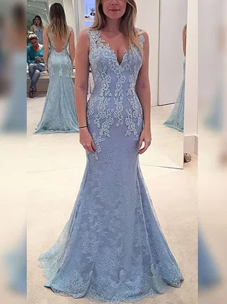 Trumpet/Mermaid V-neck Lace Sweep Train Appliques Lace Prom Dresses #Favs020102866 Trumpet/Mermaid V-neck Lace Sweep Train Appliques Lace Prom Dresses #Favs020102866