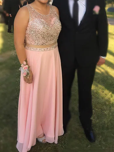 A-line Scoop Neck Chiffon Floor-length Beading prom dress #Favs020105998