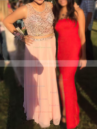 A-line Scoop Neck Chiffon Floor-length Beading prom dress #Favs020105998