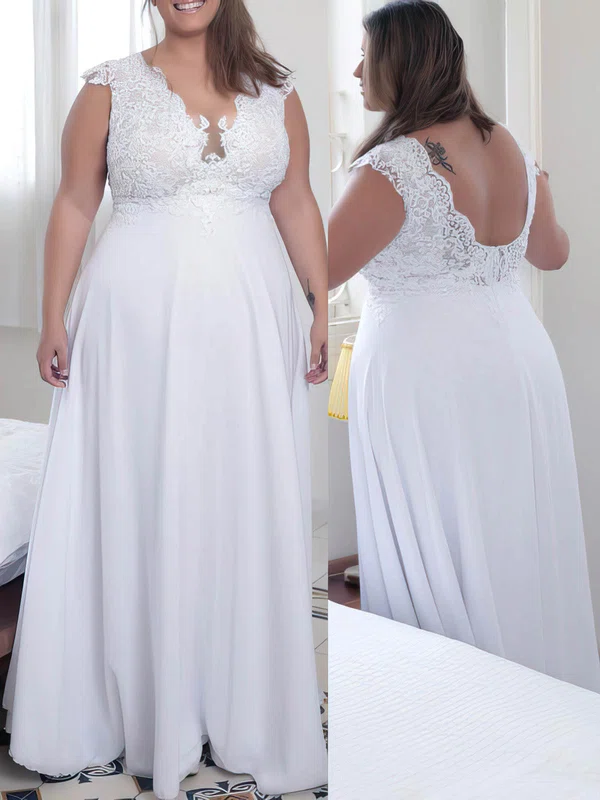A-line V-neck Chiffon Floor-length Appliques Lace prom dress #Favs020106014