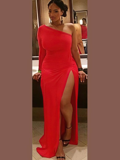 Sheath/Column One Shoulder Jersey Floor-length Split Front prom dress #Favs020105982