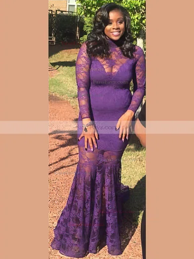 Trumpet/Mermaid High Neck Lace Sweep Train Appliques Lace prom dress #Favs020105963