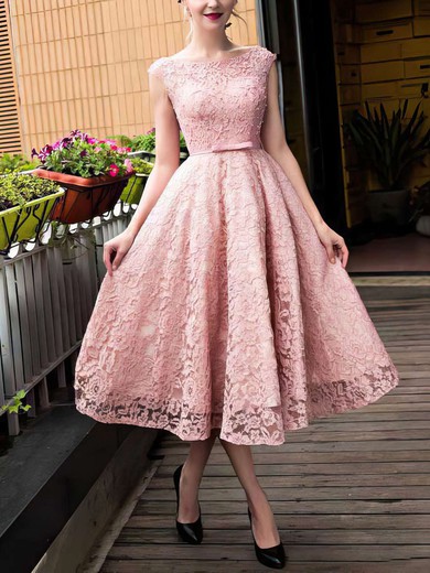 A-line Scoop Neck Lace Tea-length Sashes / Ribbons Prom Dresses #Favs020102877