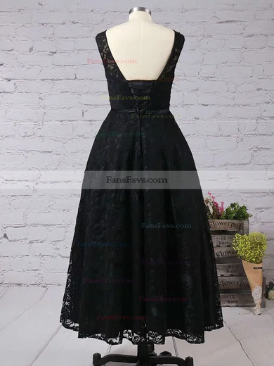 A-line Scoop Neck Lace Tea-length Sashes / Ribbons Prom Dresses #Favs020102877