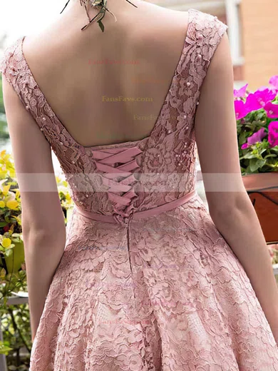 A-line Scoop Neck Lace Tea-length Sashes / Ribbons Prom Dresses #Favs020102877