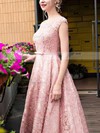 A-line Scoop Neck Lace Tea-length Sashes / Ribbons Prom Dresses #Favs020102877