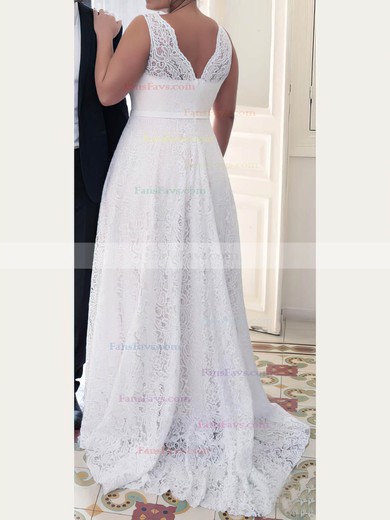 A-line V-neck Lace Floor-length Lace prom dress #Favs020106015
